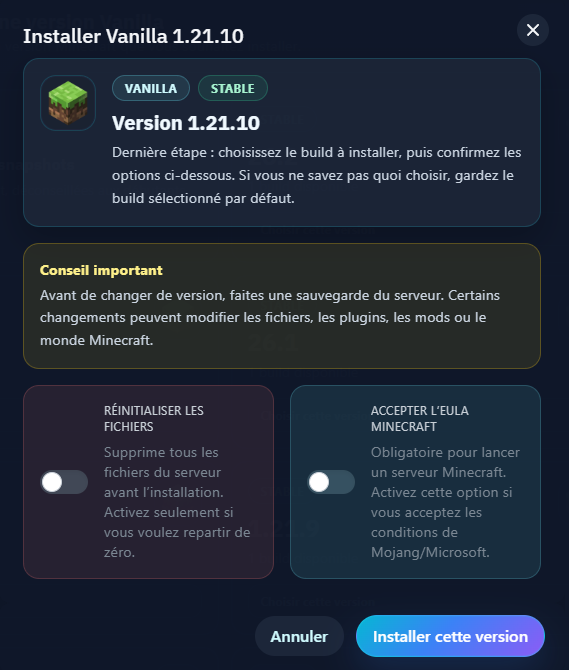 Confirmer l’installation de la nouvelle version Minecraft