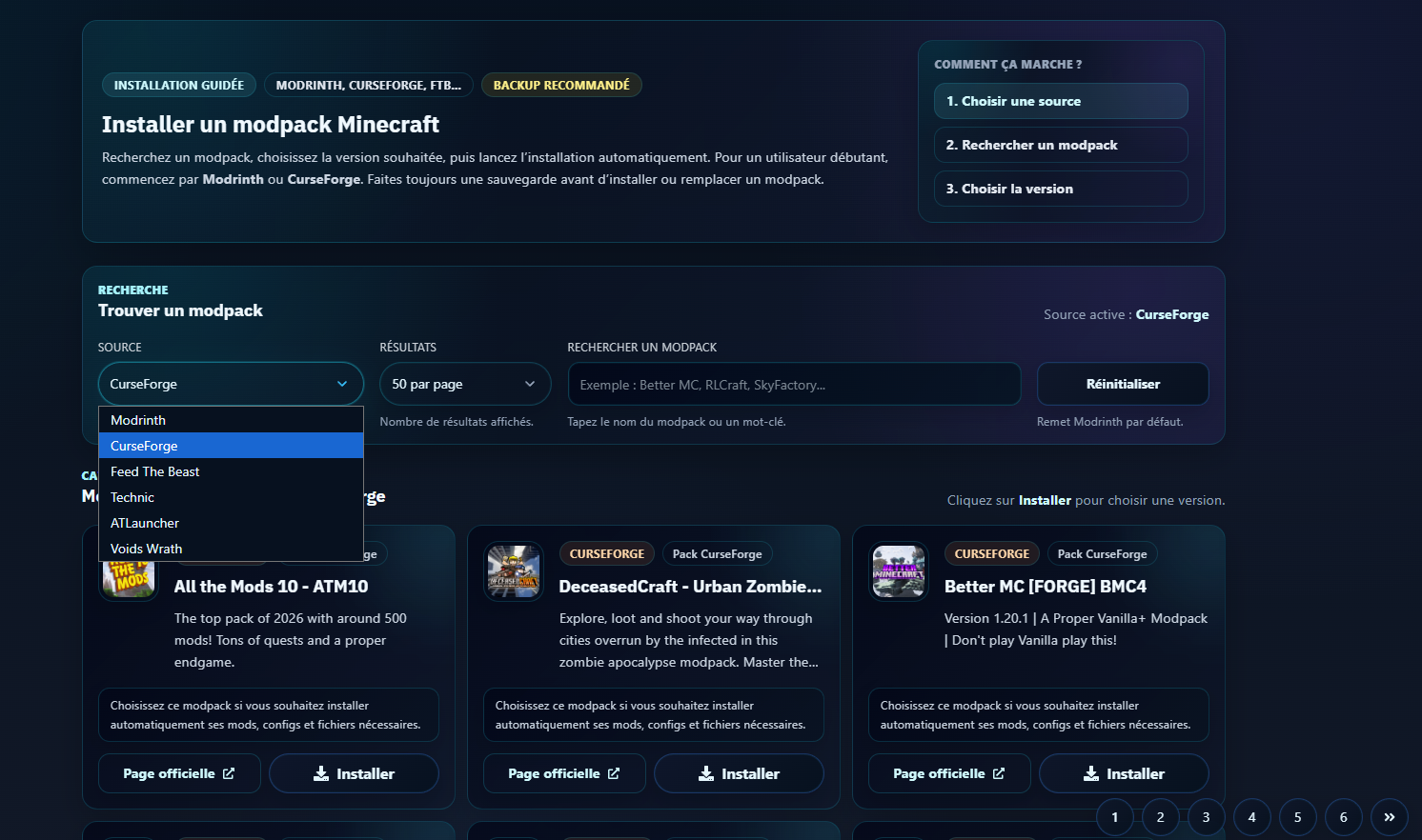 Choisir un modpack depuis le panel