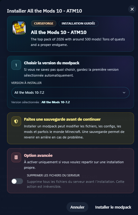 Sélectionner la version du modpack